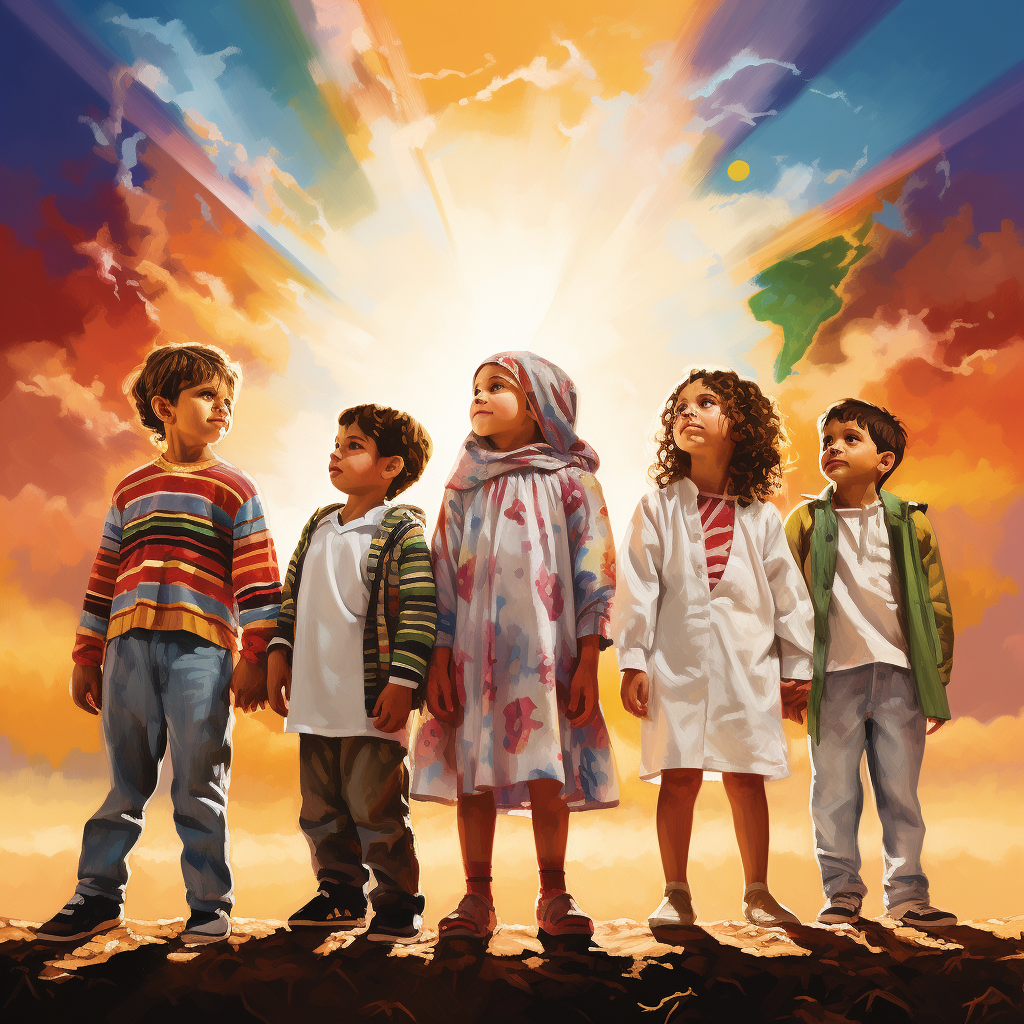 Group of diverse children looking up at a radiant sky, symbolizing hope and unity.